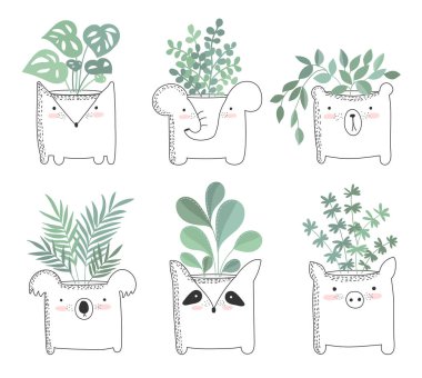 Vektör şirin karanfiller komik hayvan tencere büyük kümesi. Poster çok güzel nesneler üzerinde arka plan, pastel renkler ile. Sevgililer günü, yıldönümü, tarih, bebek duş, Gelin, birthda Kaydet