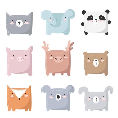 Sevimli hayvanlar ile vektör kümesi. Çok güzel nesneler üzerinde arka plan, pastel renkler. Sevgililer günü, yıldönümü, tarih, bebek duş, Gelin, Doğum günü kurtarmak. Panda, ayı, tavşan, koala, fil, geyik, tilki, ca