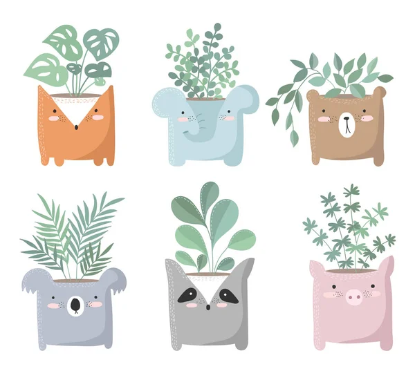 Ev bitkisi komik hayvan tencerede ile şirin posterler vektör kümesi. Poster çok güzel nesneler üzerinde arka plan, pastel renkler ile. Sevgililer günü, yıldönümü, tarih, bebek duş, Gelin, birthda Kaydet