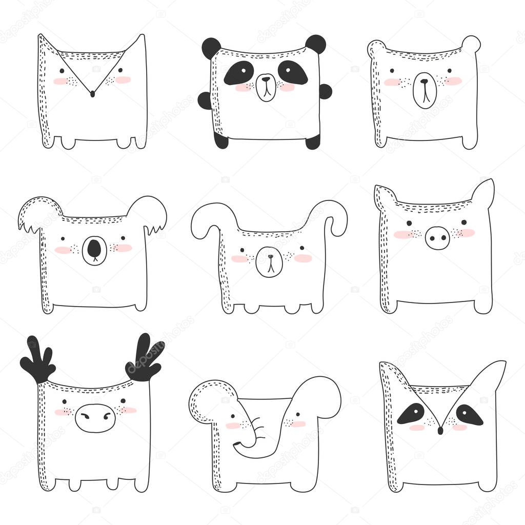 Vector set of cute animals with. Adorable objects on background, pastel colors. Valentine's day, anniversary, save the date, baby shower, bridal, birthday. Panda, koala, fox, rabbit, elephant, deer, fo