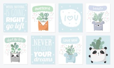 Ev bitkisi komik hayvan tencerede ile Şirin kartpostallar vektör kümesi. Poster çok güzel nesneler üzerinde arka plan, pastel renkler ile. Sevgililer günü, yıldönümü, tarih, bebek duş, Gelin, birthda Kaydet