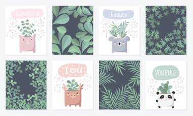 Ev bitkisi komik hayvan tencerede ile Şirin kartpostallar vektör kümesi. Poster çok güzel nesneler üzerinde arka plan, pastel renkler ile. Sevgililer günü, yıldönümü, tarih, bebek duş, Gelin, birthda Kaydet