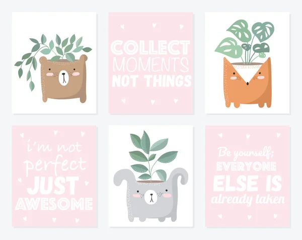 Vector Set Cute Postcards House Plant Funny Animal Pot Poster — Stock Vector