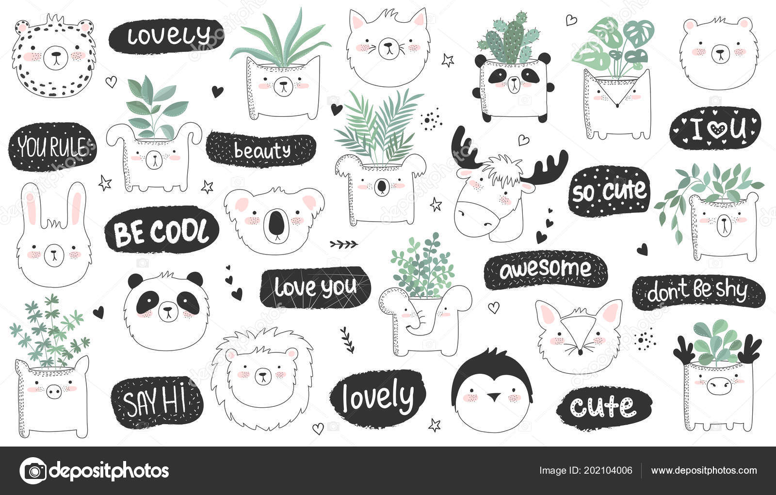 Vector Set Cute Doodle Stickers Funny Animals Text House Plants