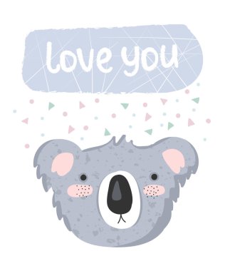 Vektör poster komik koala ve sevimli metin ile. Kartpostal arka plan, pastel renkler sevimli nesnelerle. Sevgililer günü, yıldönümü, tarih, bebek duş, Gelin, birthda Kaydet