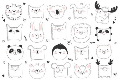 Komik hayvanlar sevimli doodle etiketlileri vektör kümesi. Poster çok güzel nesneler üzerinde arka plan, pastel renkler ile. Sevgililer günü, yıldönümü, tarih, bebek duş, Gelin, birthda Kaydet