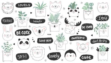 Vektör komik hayvanlar, sevimli doodle etiketlileri kümesi metin ve ev bitkileri. Poster çok güzel nesneler üzerinde arka plan, pastel renkler ile. Sevgililer günü, yıldönümü, tarih, bebek duş, Gelin, birthda Kaydet
