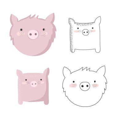 Vektör toplama şirin doodle domuz. Çok güzel nesneler üzerinde arka izole. Sevgililer günü, yıldönümü, tarih, bebek duş, Gelin, birthda Kaydet