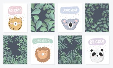 Komik hayvanlar, yazı ve dalları arka plan ile Şirin kartpostallar vektör kümesi. Poster çok güzel nesneler üzerinde arka plan ile. Sevgililer günü, yıldönümü, tarih, bebek duş, Gelin, birthda Kaydet