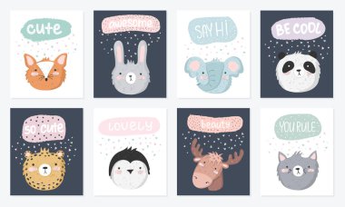 Komik hayvanlar ve yazı ile Şirin kartpostallar vektör kümesi. Poster çok güzel nesneler üzerinde arka plan, pastel renkler ile. Sevgililer günü, yıldönümü, tarih, bebek duş, Gelin, birthda Kaydet