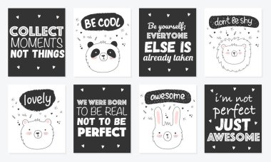 Komik hayvanlar ve yazı ile Şirin kartpostallar vektör kümesi. Poster çok güzel nesneler üzerinde arka plan ile. Sevgililer günü, yıldönümü, tarih, bebek duş, Gelin, birthda Kaydet