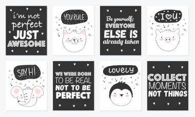 Komik hayvanlar ve yazı ile Şirin kartpostallar vektör kümesi. Poster çok güzel nesneler üzerinde arka plan ile. Sevgililer günü, yıldönümü, tarih, bebek duş, Gelin, birthda Kaydet