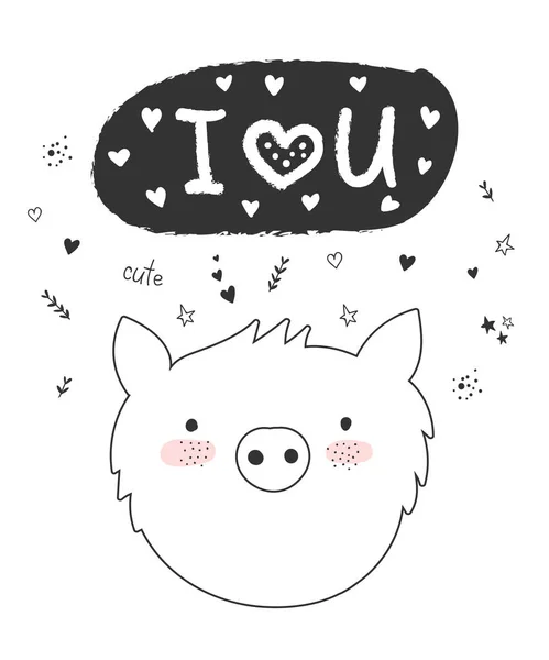 Cartaz Vetor Doodle Com Porco Engraçado Texto Bonito Cartão Postal — Vetor de Stock