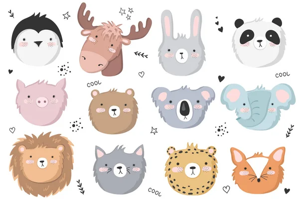 Vector Set Cute Doodle Stickers Funny Animals Poster Adorable Objects — Stock Vector