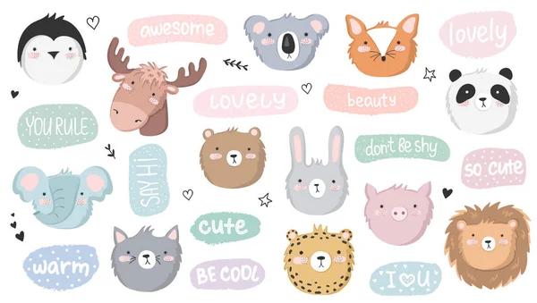 Vector Set Cute Doodle Stickers Funny Animals Text Poster Adorable — Stock Vector