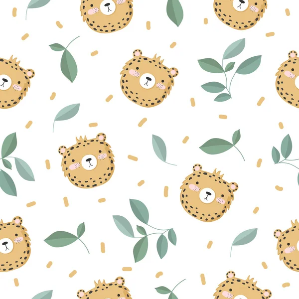 Vector seamless baby pattern with leopard, branches, leaves. Perfect for wallpaper, gift paper, pattern fills, web page background, greeting cards, package, postcards, baby book, notebook cove