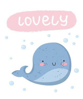 Şirin poster komik deniz hayvan ve metin ile vektör kümesi. Kartpostal arka plan, pastel renkler sevimli balina ile. Sevgililer günü, yıldönümü, bebek duş, Gelin, birthda