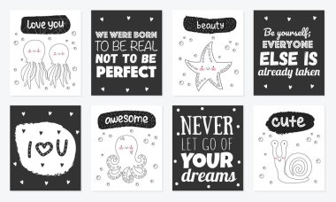 Komik deniz hayvanları ile Şirin kartpostallar vektör kümesi. Poster çok güzel deniz nesneler üzerinde arka plan ile. Sevgililer günü, yıldönümü, bebek duş, Gelin, birthda