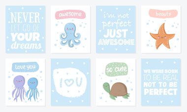 Komik deniz hayvanları ile Şirin kartpostallar vektör kümesi. Arka plan, pastel renkler sevimli deniz nesnelerle poster. Sevgililer günü, yıldönümü, bebek duş, Gelin, birthda