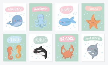 Komik deniz hayvanları ile Şirin kartpostallar vektör kümesi. Arka plan, pastel renkler sevimli deniz nesnelerle poster. Sevgililer günü, yıldönümü, bebek duş, Gelin, birthda