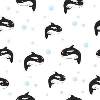 Vektör şirin Dikişsiz desen komik deniz hayvanları ile. Arka planda, pastel renkler sevimli orca ile duvar kağıdı. Kumaş, bebek kitap, çocuk rooml, Doğum günü