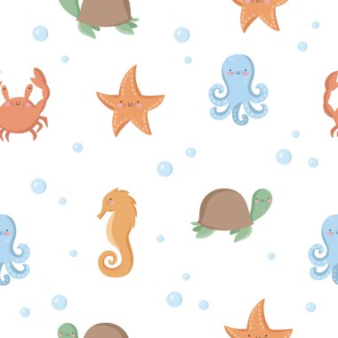 Vektör şirin Dikişsiz desen komik deniz hayvanları ile. Arka plan, pastel renkler sevimli deniz nesnelerle duvar kağıdı. Kumaş, bebek kitap, çocuk rooml, Doğum günü