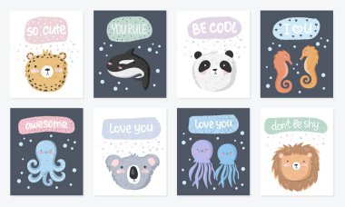 Komik hayvanlar ve metin ile Şirin kartpostallar vektör kümesi. Arka plan, pastel renkler sevimli deniz nesnelerle poster. Sevgililer günü, yıldönümü, bebek duş, Gelin, birthda