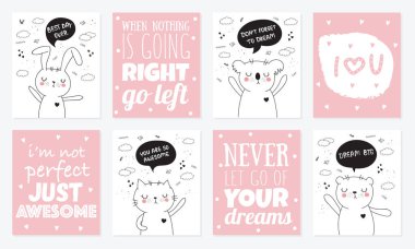 Vektör karikatür koleksiyonu kartpostal ile sevimli hayvanlar ifade yazı motivasyon ile doodle. Poster, Doğum, bebek kitap, çocuk odası, yıldönümü için mükemmel