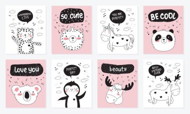 Vektör karikatür koleksiyonu kartpostal ile sevimli hayvanlar ifade yazı motivasyon ile doodle. Poster, Doğum, bebek kitap, çocuk odası, yıldönümü için mükemmel