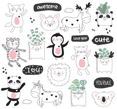 Çıkartmaları ile şirin doodle hayvan ve motivasyon harflerle ifade vektör karikatür koleksiyonu. Poster, Doğum, bebek kitap, çocuk odası, yıldönümü, defter için mükemmel