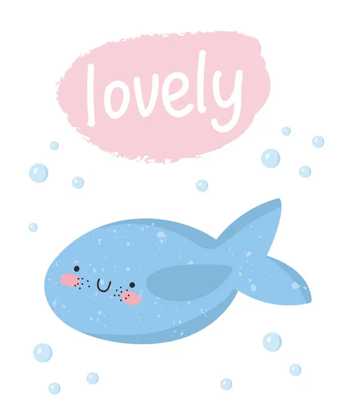 Vector Set Cute Poster Funny Sea Animal Text Postcard Adorable — Stock Vector
