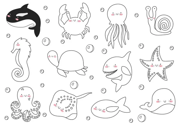 Vector Set Cute Funny Sea Animals Poster Adorable Doodle Marine — Stock Vector