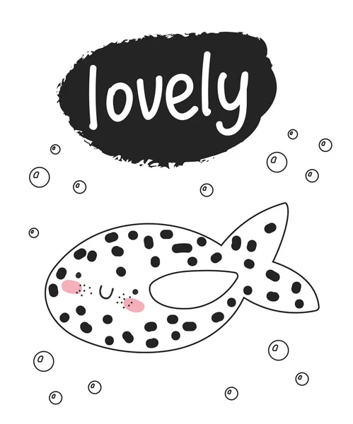 Vector Cute Poster Funny Sea Animal Text Postcard Adorable Fish — Stock Vector
