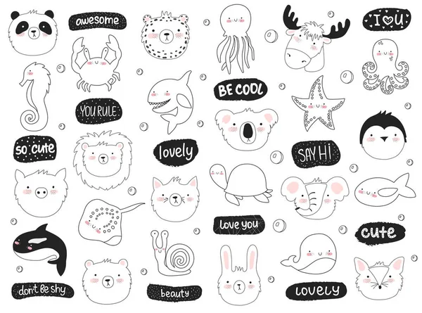 Vector Set Cute Funny Animals Text Sticker Collection Adorable Doodle — Stock Vector