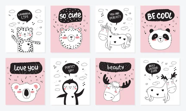 Vektör karikatür koleksiyonu kartpostal ile sevimli hayvanlar ifade yazı motivasyon ile doodle. Poster, Doğum, bebek kitap, çocuk odası, yıldönümü için mükemmel