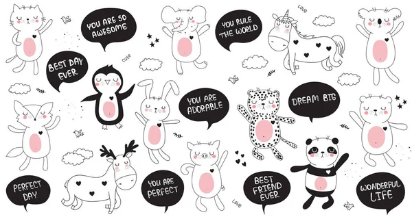 Vector Colección Dibujos Animados Pegatinas Con Animales Garabatos Lindo Motivación — Vector de stock