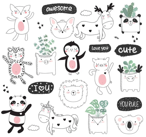 Vector Cartoon Collection Stickers Cute Doodle Animals Motivation Lettering Phrase — Stock Vector