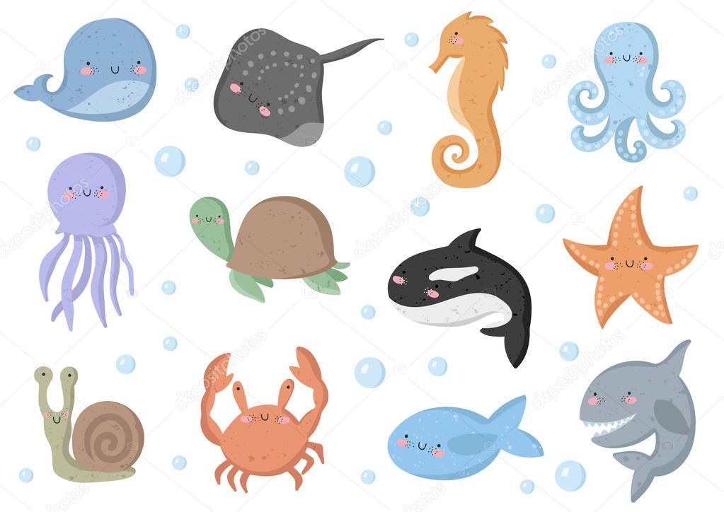 Vector set of cute funny sea animals. Poster with adorable doodle marine objects on background, pastel colors. Valentine's day, anniversary, baby shower, bridal, birthda