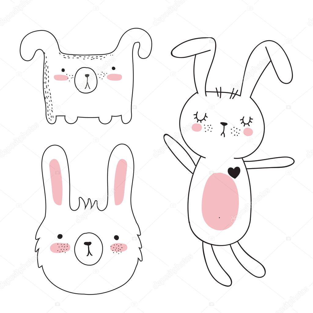 Vector collection of cute doodle rabbit. Adorable objects isolated on background. Valentine's day, anniversary, save the date, baby shower, bridal, birthday