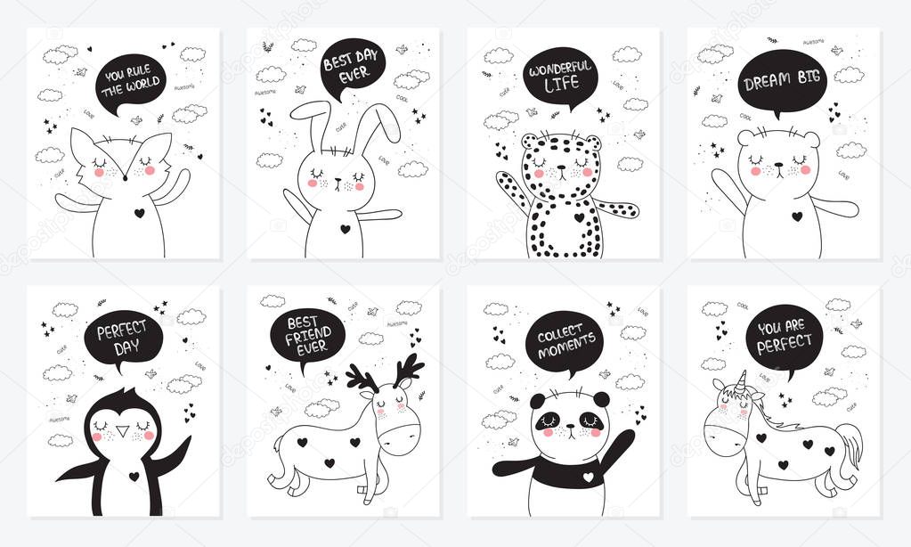 Vector cartoon collection of postcards with cute doodle animals with motivation lettering phrase. Perfect for poster, birthday, baby book, children room, anniversary