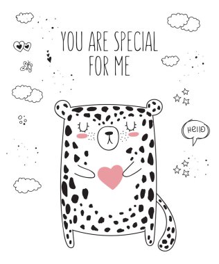 Vektör çizim için leopar slogan arkadaş hakkında. Doodle illüstrasyon. Dostluk günü, Sevgililer, yıldönümü, duş bebek, Doğum günü, çocuk partisi