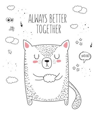Vektör çizim için kedi slogan arkadaş hakkında. Doodle illüstrasyon. Dostluk günü, Sevgililer, yıldönümü, duş bebek, Doğum günü, çocuk partisi