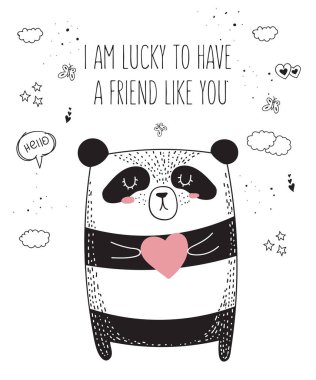 Vektör çizim için panda slogan arkadaş hakkında. Doodle illüstrasyon. Dostluk günü, Sevgililer, yıldönümü, duş bebek, Doğum günü, çocuk partisi