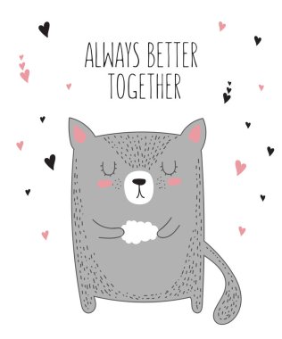 Vektör çizim için kedi slogan arkadaş hakkında. Doodle illüstrasyon. Dostluk günü, Sevgililer, yıldönümü, duş bebek, Doğum günü, çocuk partisi