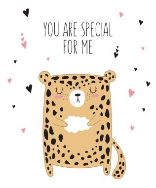 Vektör çizim için leopar slogan arkadaş hakkında. Doodle illüstrasyon. Dostluk günü, Sevgililer, yıldönümü, duş bebek, Doğum günü, çocuk partisi