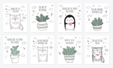 Vektör kartpostal hayvanlar ve sloganı ile arkadaş hakkında ayarlayın. Doodle illüstrasyon. Dostluk günü, Sevgililer, yıldönümü, duş bebek, Doğum günü, çocuk partisi