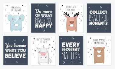 Vektör kartpostal hayvanlar ve sloganı ile arkadaş hakkında ayarlayın. Doodle illüstrasyonlar yazı ile. Dostluk günü, Sevgililer, yıldönümü, duş bebek, Doğum günü, çocuk partisi