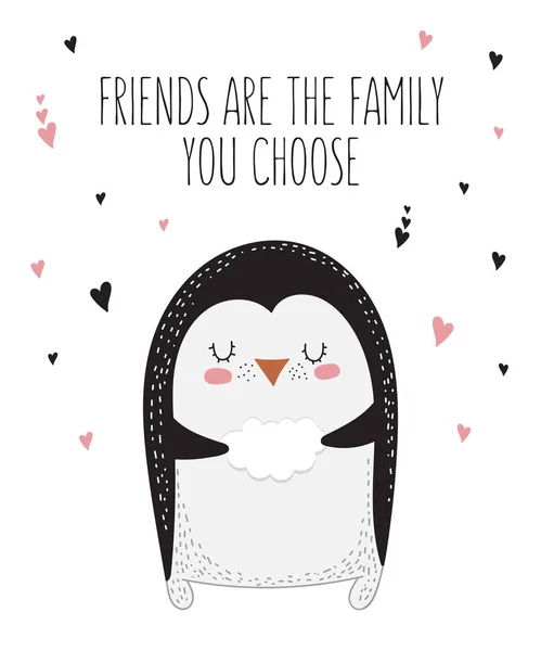 矢量线画企鹅与朋友的口号 涂鸦插图 友谊日 情人节 周年纪念日 婴儿送礼会 儿童聚会 — 图库矢量图片