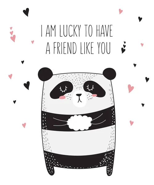 Vektor Linie Zeichnung Panda Mit Dem Slogan Über Freund Doodle — Stockvektor