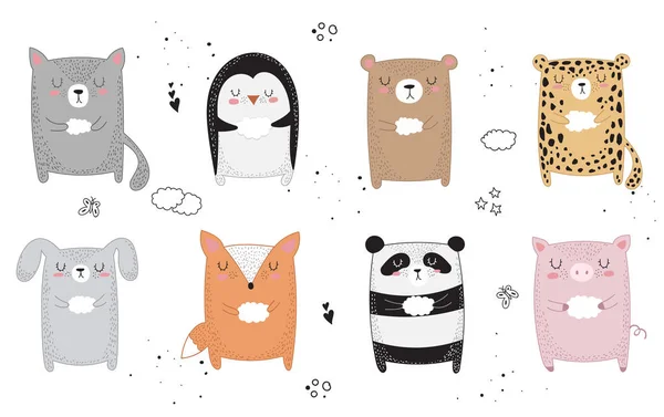 Vektör çizim için hayvan topluluğu. Doodle illüstrasyon. Dostluk günü, Sevgililer, yıldönümü, duş bebek, Doğum günü, çocuk partisi